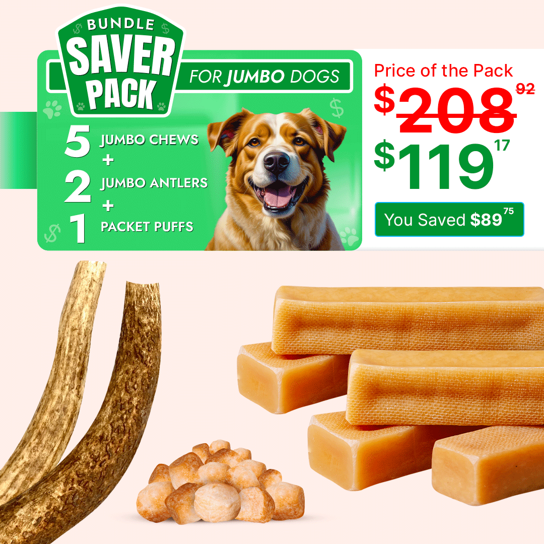 Jumbo Dog Super Saver Bundle: 5 Yak Cheese Chews+ 2 Antlers +1 Cheese Puff