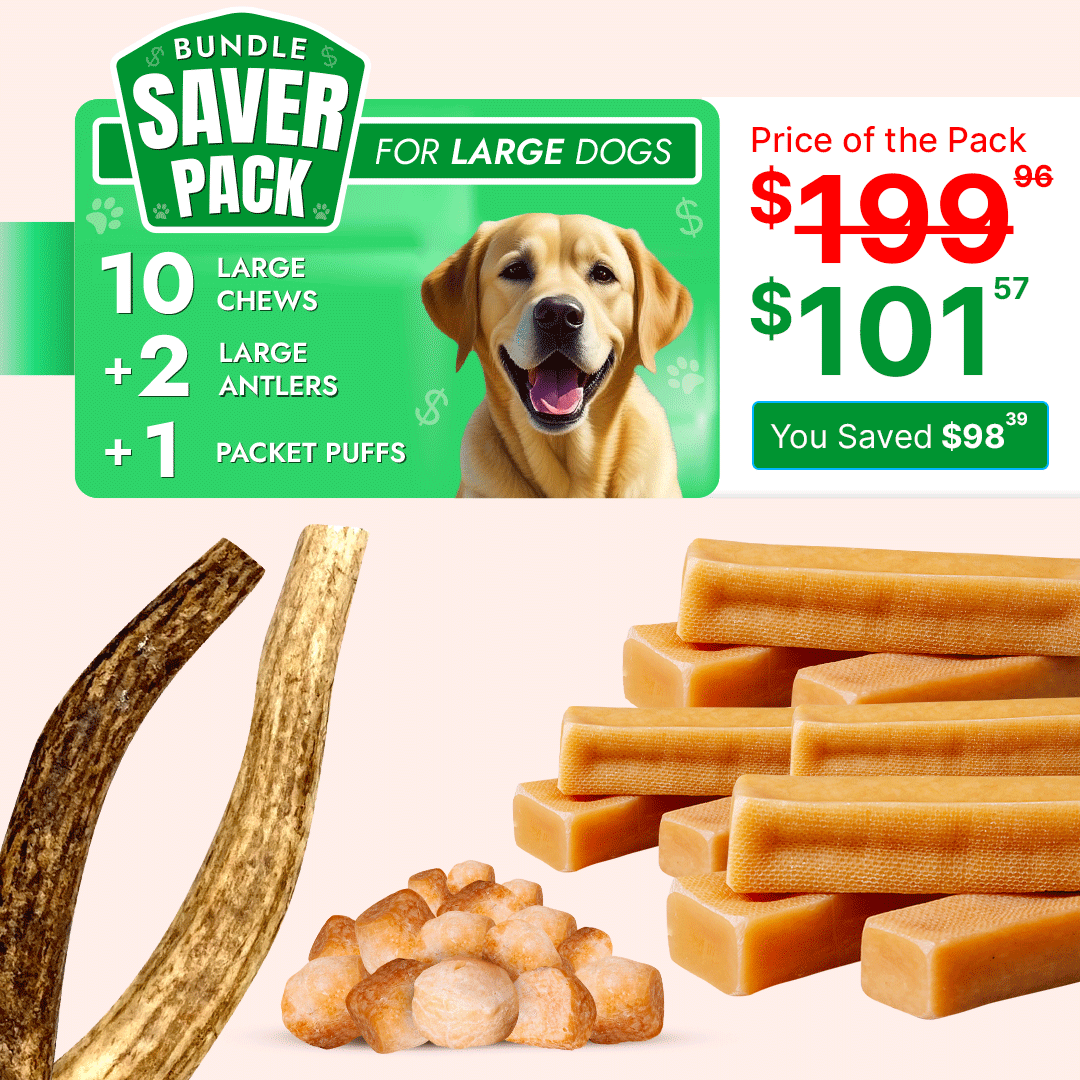 a promotional bundle for large dogs, including 10 yak cheese chews, 2 large antlers, and 1 packet of cheese puffs. The price displayed is $199.