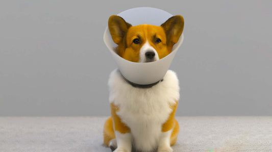 A Corgi with a cone collar