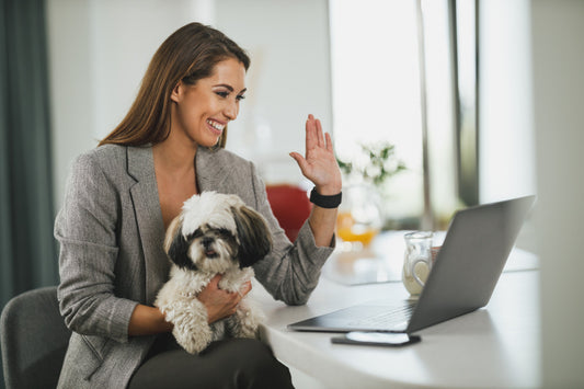 Female worker with a dog at her office