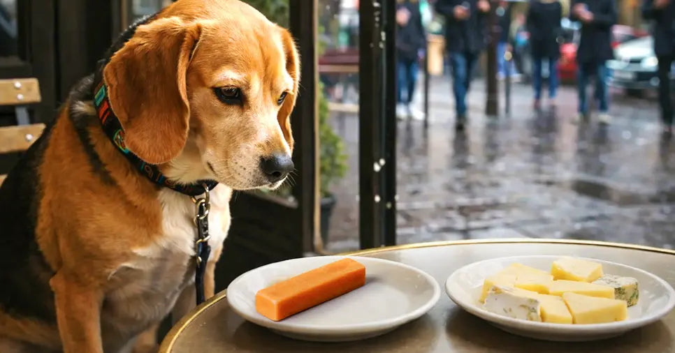 dog looking at yak chew and cheesse