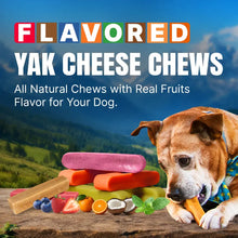 Dog chewing on a flavored yak cheese chew with natural fruits and a scenic background.