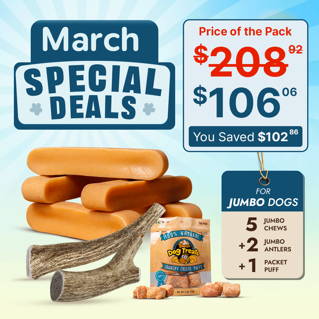Jumbo Dog Super Saver Bundle: 5 Yak Cheese Chews+ 2 Antlers +1 Cheese Puff