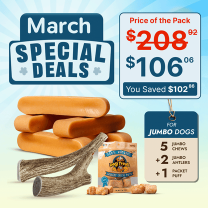 Jumbo Dog Super Saver Bundle: 5 Yak Cheese Chews+ 2 Antlers +1 Cheese Puff