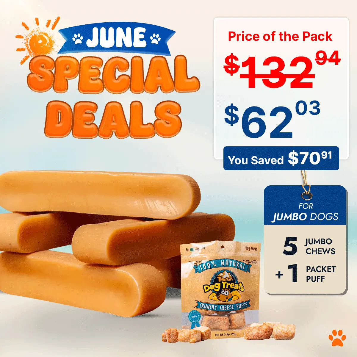Dog treat package with 'June Special Deals' text, price comparison, and savings information.