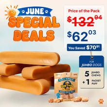 Dog treat package with 'June Special Deals' text, price comparison, and savings information.