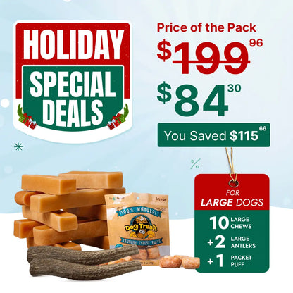 Large Dog Super Saver Bundle: 10 Yak Cheese Chews+ 2 Antlers +1 Cheese Puff