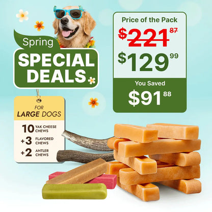 Large Dog Spring Bundle Pack - Durable Natural Yak Chews & Antler Bundle for Dogs Under 55lbs