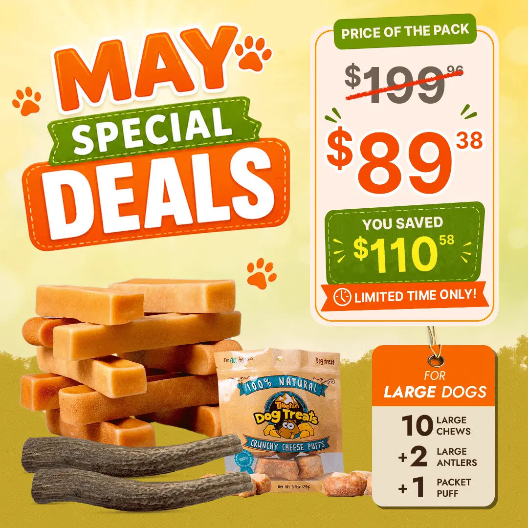 Large Dog Super Saver Bundle: 10 Yak Cheese Chews+ 2 Antlers +1 Cheese Puff