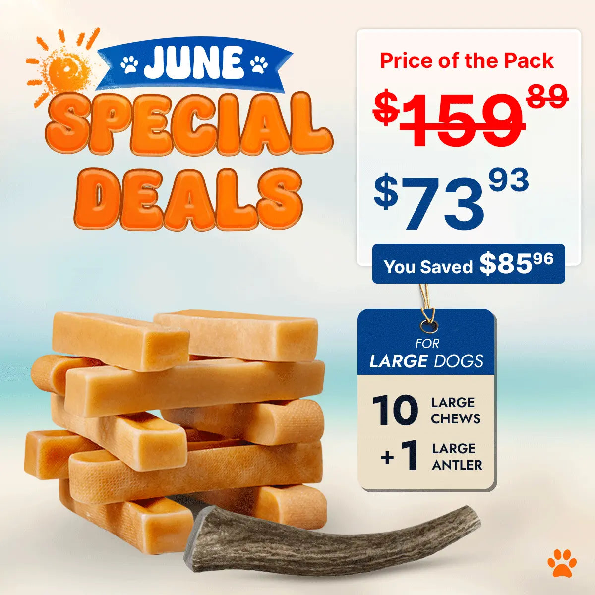 Dog chew product with June special deals text and price information on a gradient background.