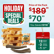 Medium Dog Super Saver Bundle: 12 Yak Chews+ 2 Premium Elk Antlers +1 Cheese Puff