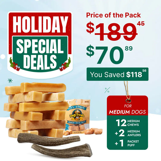 Medium Dog Super Saver Bundle: 12 Yak Chews+ 2 Premium Elk Antlers +1 Cheese Puff