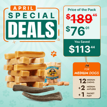 Medium Dog Super Saver Bundle: 12 Yak Chews+ 2 Premium Elk Antlers +1 Cheese Puff