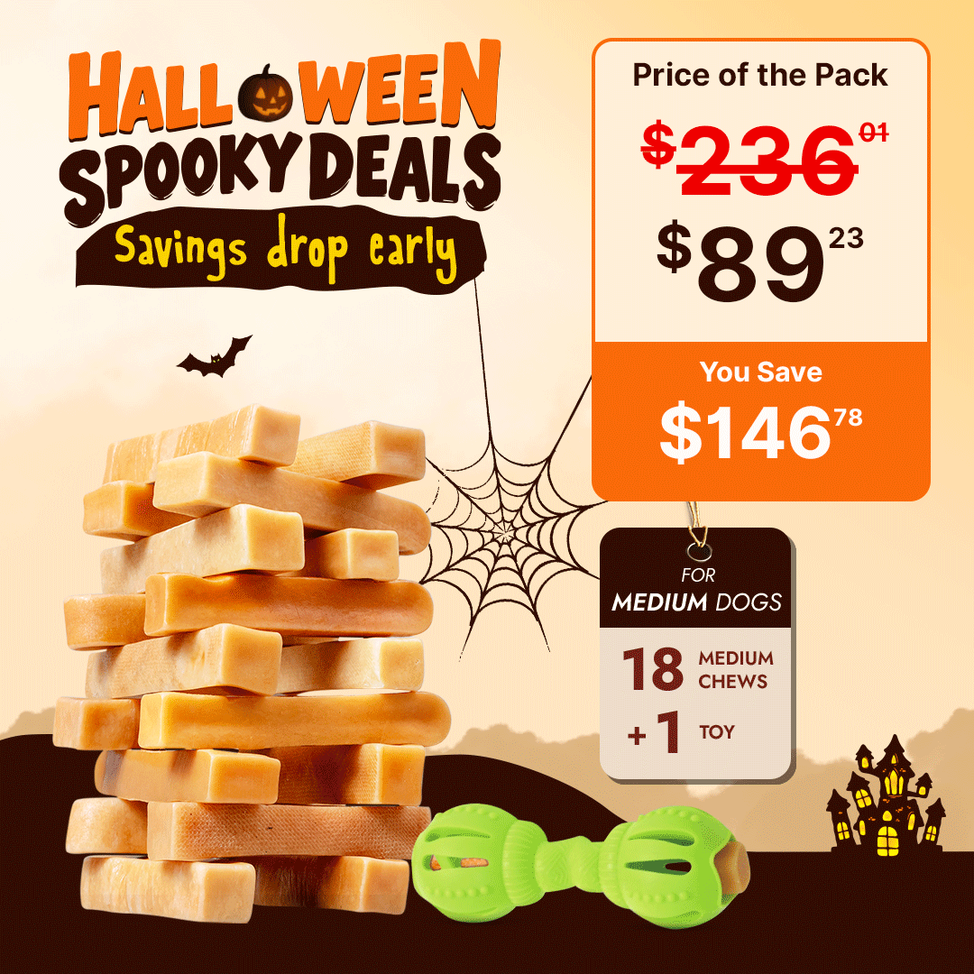 Halloween Dog Toys Bundle: Medium Yak Chew (3 lbs) + Interactive Treat Dispenser for Dogs 15-35 lbs