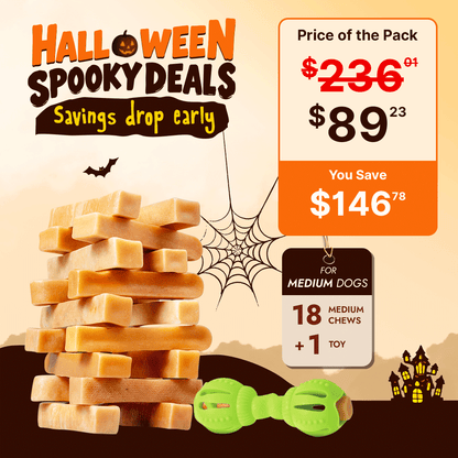 Halloween Dog Toys Bundle: Medium Yak Chew (3 lbs) + Interactive Treat Dispenser for Dogs 15-35 lbs