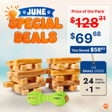 Dog chew treats with a green toy and promotional text for June special deals.
