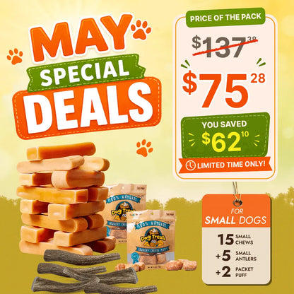Small Dog Super Saver Bundle: 15 Yak Chews+ 5 Elk Antlers +2 Cheese Puffs