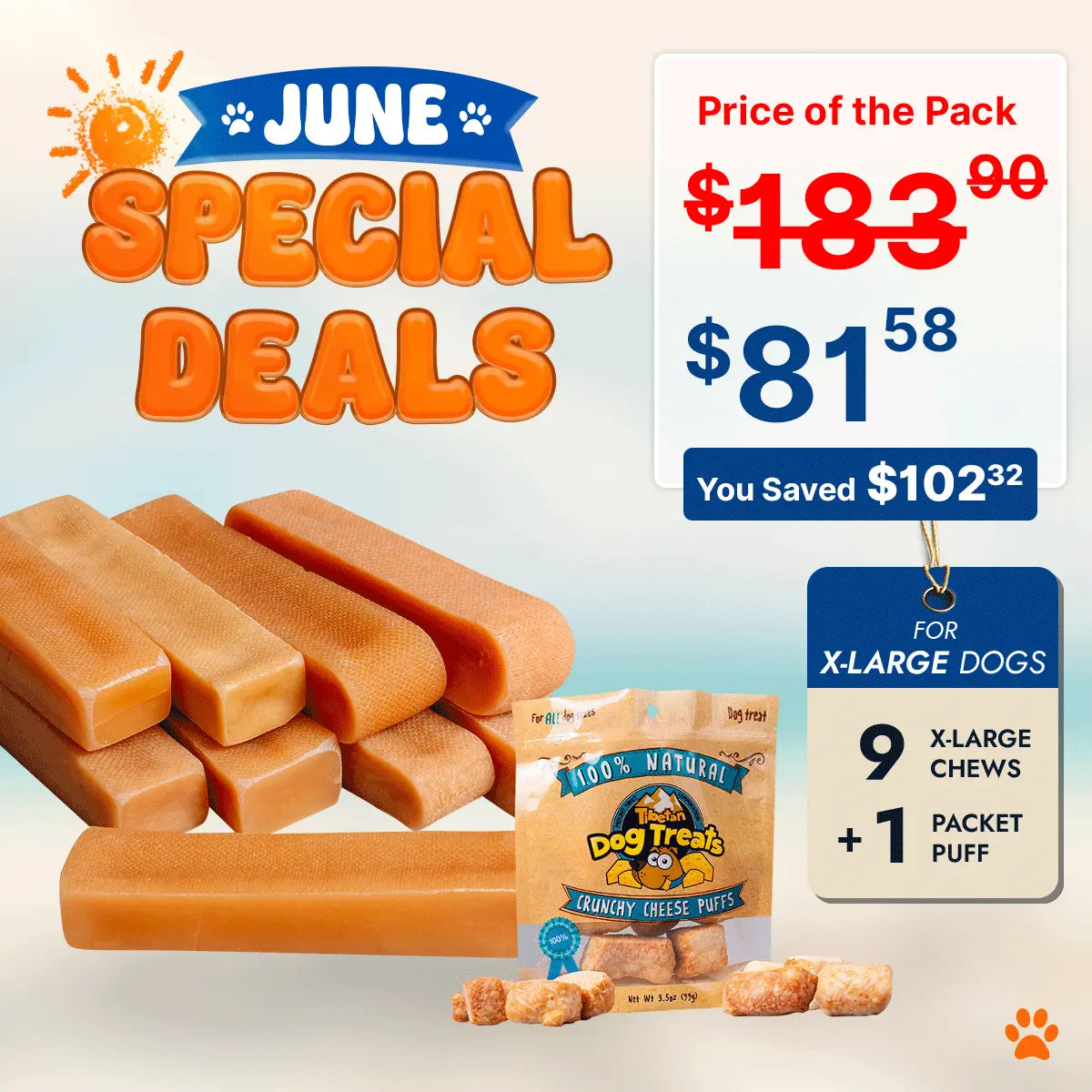 Dog treats with a 'June Special Deals' banner, price comparison, and savings information.