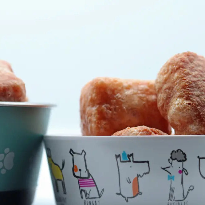Two bowls filled with dog treats on a light blue background.