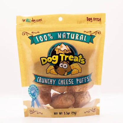 Package of '100% Natural Dog Treats Crunchy Cheese Puffs' on a white background