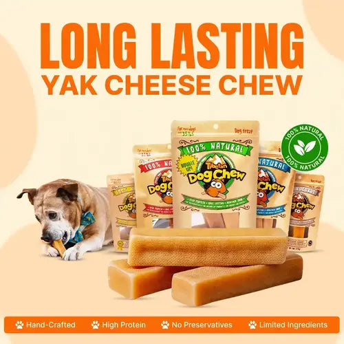 Dog chews with packaging on a beige background, featuring text about the product's features.