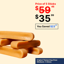 Stack of Original Tibetan Dog Chews with promotional pricing on a beige background