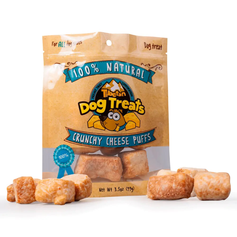 Bag of Tibetan Dog Treats Crunchy Cheese Puffs with treats displayed in front on a white background