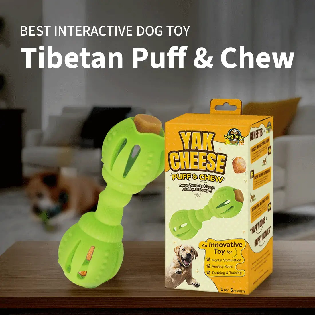 Green dog toy and its packaging with text 'Yak Cheese Puff & Chew' on a blurred indoor background.