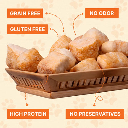 Bowl of pet treats with health benefits text on a beige background