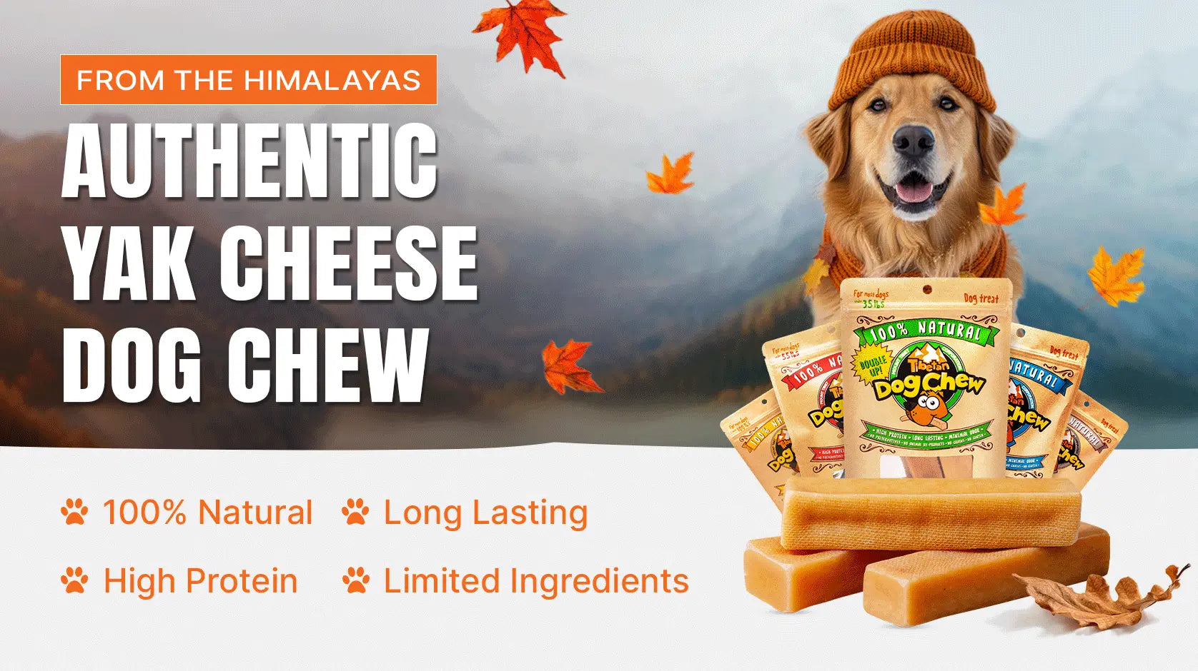 Dog chew product with packaging and a dog wearing a hat, set against a mountainous background.