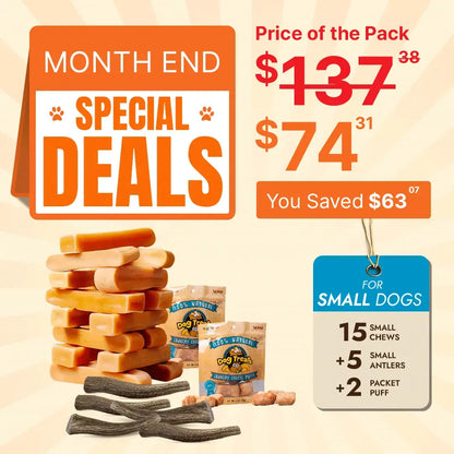 Small Dog Super Saver Bundle: 15 Yak Chews+ 5 Elk Antlers +2 Cheese Puffs