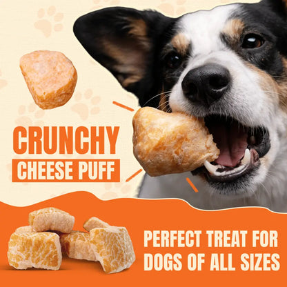 Dog eating a Crunchy Cheese Puff with text about it being a perfect treat for dogs of all sizes.