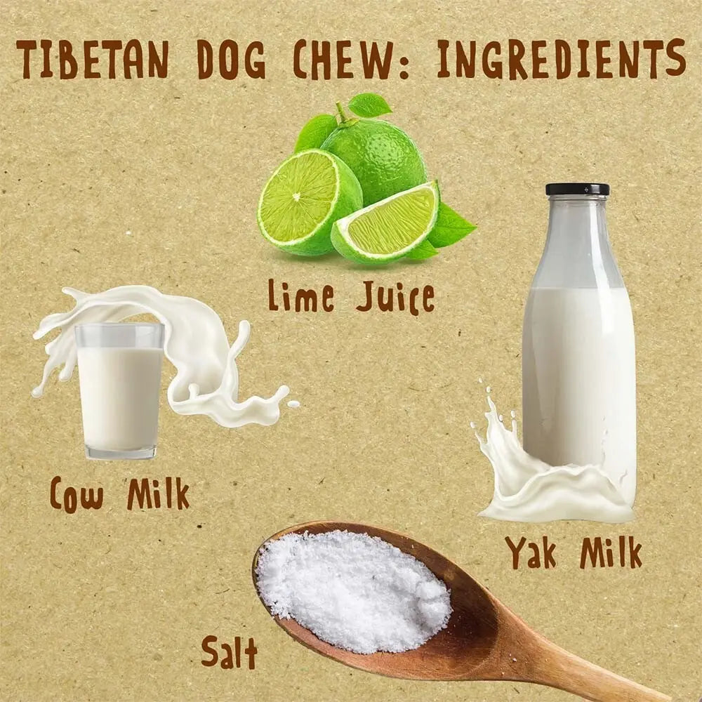 Ingredients for Tibetan Dog Chew displayed with lime juice, cow milk, yak milk, and salt on a textured background.