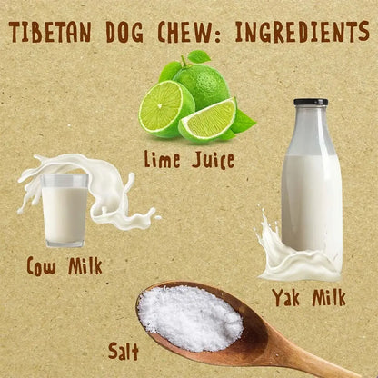 Ingredients for Tibetan Dog Chew displayed with lime juice, cow milk, yak milk, and salt on a textured background.